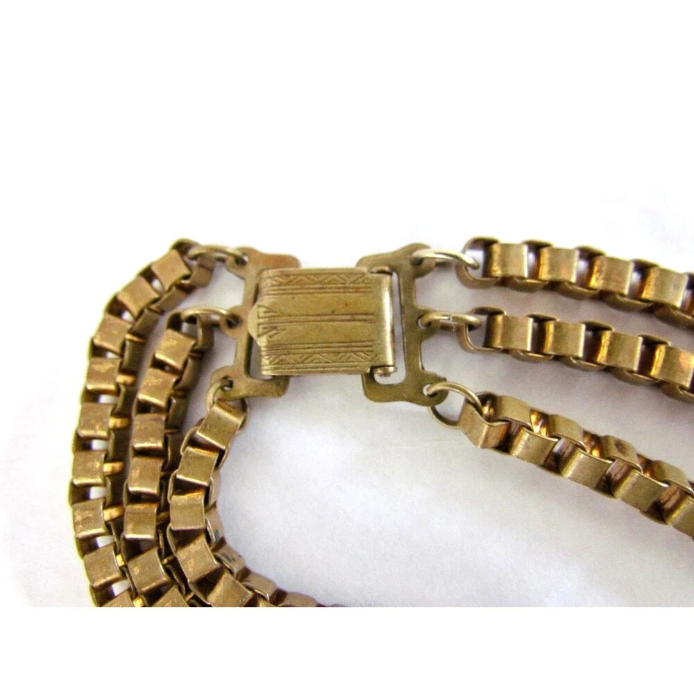 Vintage 1940s 50s Triple Strand Box Chain Necklace Heavy Venetian Links - Picture 9 of 12
